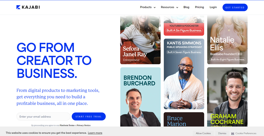 Kajabi, platform all-in-one untuk kursus online dan penjualan video, dilengkapi dengan alat pemasaran dan interaksi komunitas.