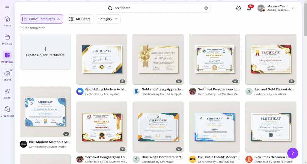 Tampilan antarmuka Canva yang menunjukkan berbagai template sertifikat online.