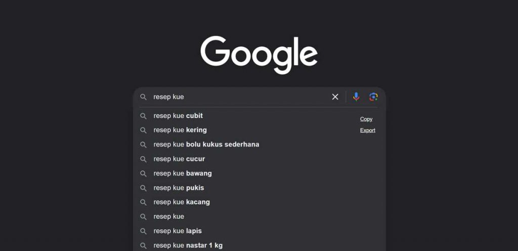 Halaman pencarian Google dengan kata kunci 'resep kue' di kolom pencarian. Di bawahnya terdapat saran pencarian seperti 'resep kue cubit,' 'resep kue bolu kukus sederhana,' hingga 'resep kue nastar 1 kg.' Gambar ini memberikan wawasan tentang tren pencarian resep kue dalam bahasa Indonesia, membantu pemahaman cara riset keyword untuk konten makanan atau kuliner.