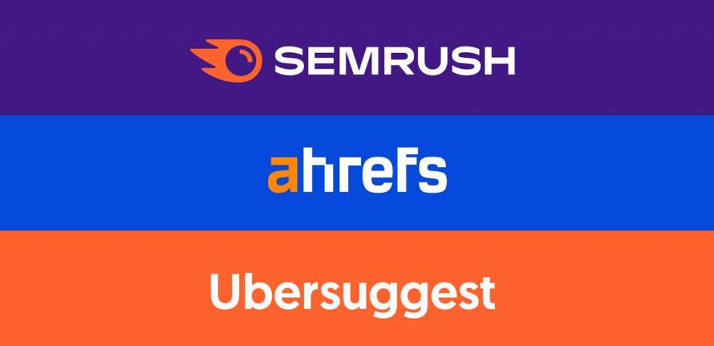 "Tiga alat riset keyword terkenal ditampilkan dalam gambar: SEMrush dengan latar belakang ungu, Ahrefs dengan latar belakang biru, dan Ubersuggest dengan latar belakang oranye. Alat-alat ini menjadi bagian penting dari cara riset keyword efektif untuk meningkatkan strategi SEO dan peringkat pencarian.